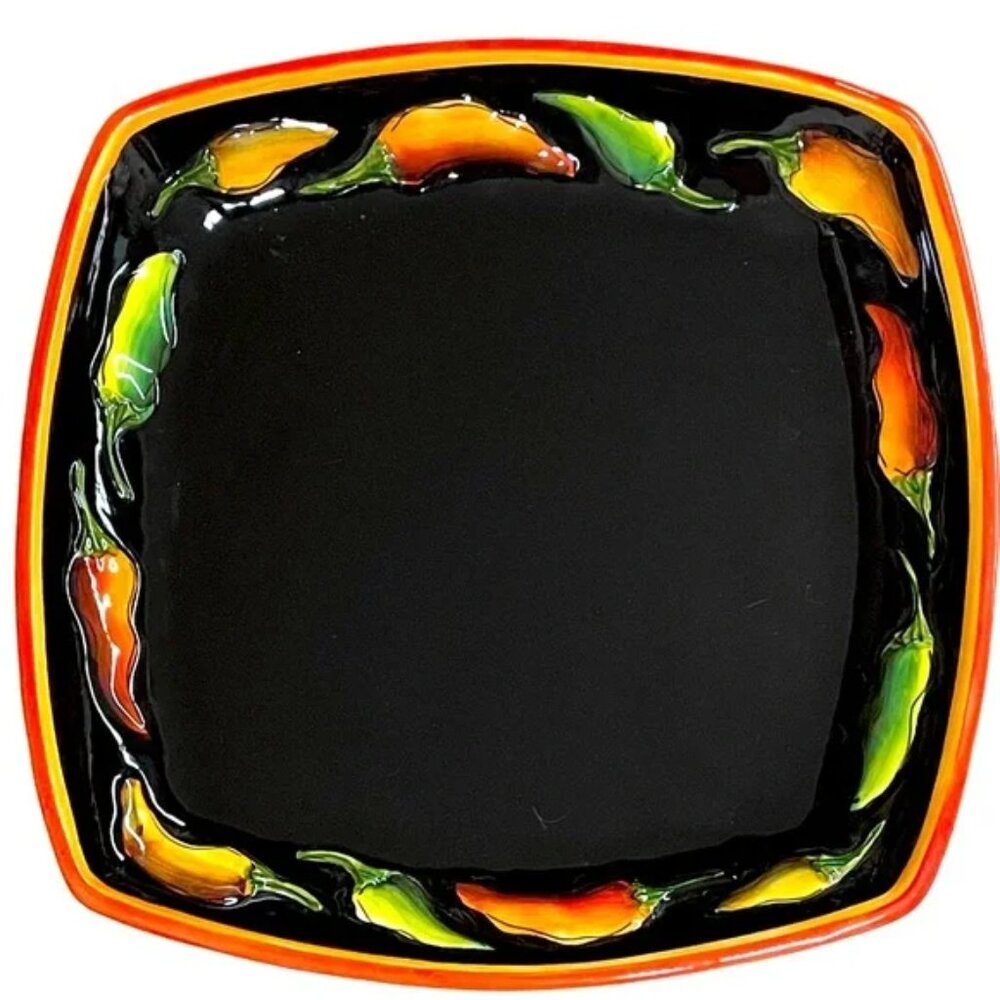 CLAY ART Jalapeño PLATE Hot Pepper Black orange yellow green fiesta 1” d x 8” sq